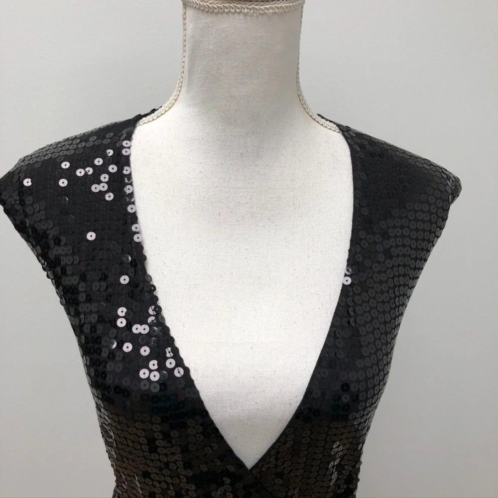 Michael Kors Sequin Wrap Dress‎ Womens XXS Black LBD Party Edgy Sleek